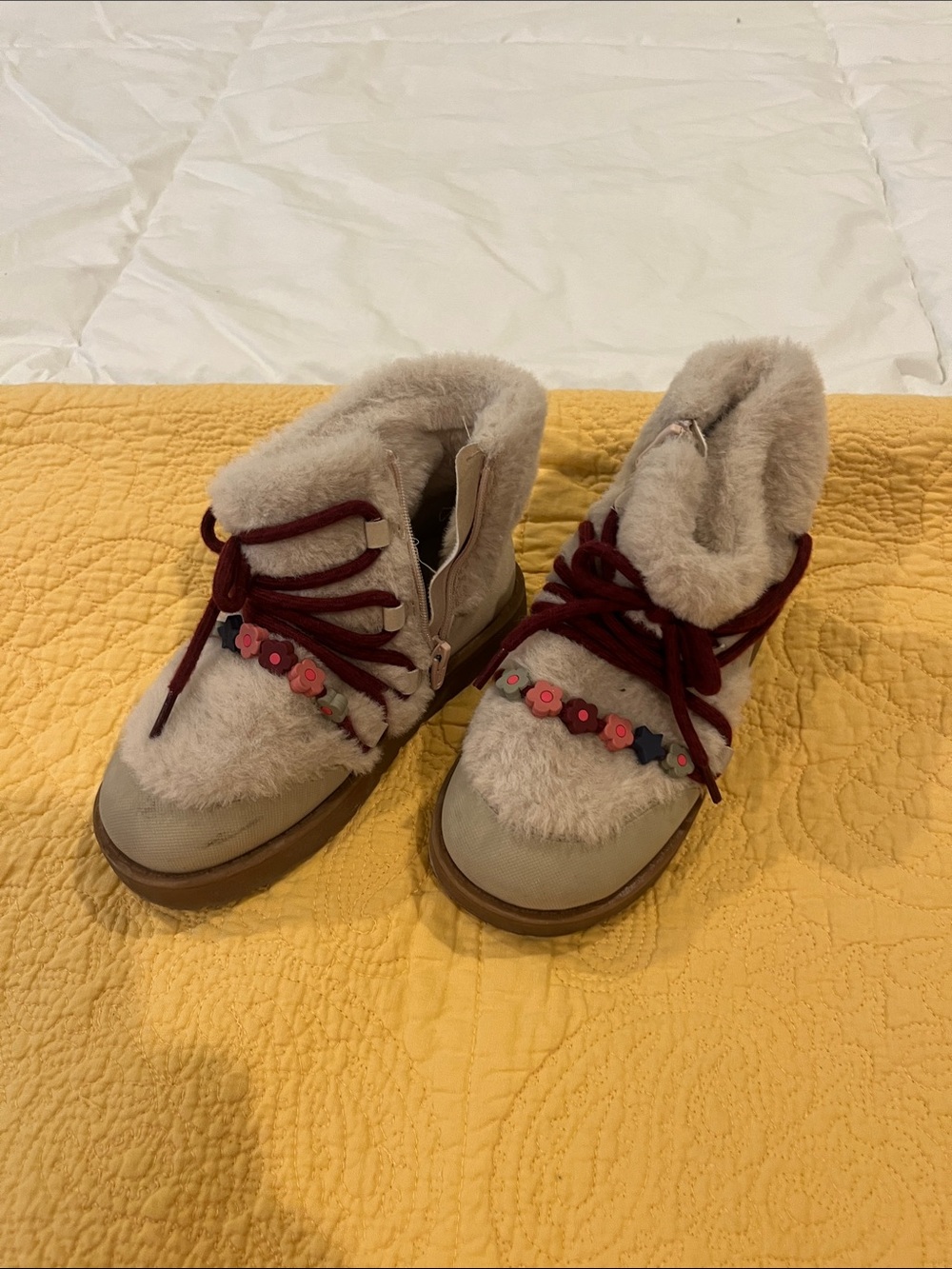 Zara Beige Faux-Fur Ankle Boots w/Burgundy fixed Laces & Pink Flower Accents